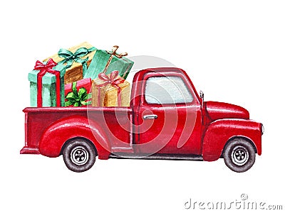 Watercolor red Christmas truck with gift boxes, isolated on white background. Hand painted abstract retro car and Stock Photo