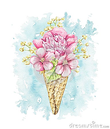 Watercolor red flowers in waffle cone on blue stain backdrop Cartoon Illustration