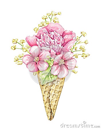 Watercolor red flowers in waffle cone Cartoon Illustration