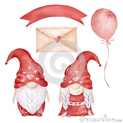 Watercolor red gnomes, love letter, balloon and banner. Hand drawn clipart. Stock Photo