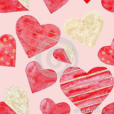 Watercolor red and golden hearts seamless pattern love wedding valentine day Stock Photo