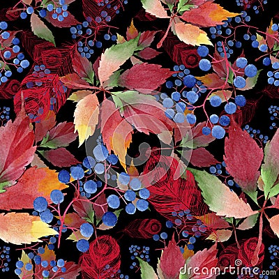 Watercolor red grapes leaves. Leaf plant botanical garden floral foliage. Seamless background pattern. Stock Photo