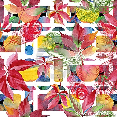 Watercolor red grapes leaves. Leaf plant botanical garden floral foliage. Seamless background pattern. Stock Photo