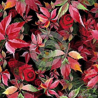 Watercolor red grapes leaves. Leaf plant botanical garden floral foliage. Seamless background pattern. Stock Photo