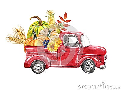 Watercolor red harvest truck with autumn seasonal vegetables and fruits, isolated. Hand painted cartoon abstract retro car, Stock Photo
