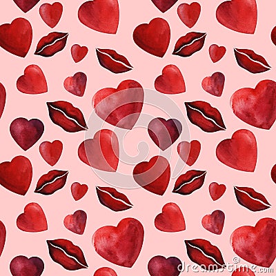 Watercolor red heart and lips background wedding romance Stock Photo