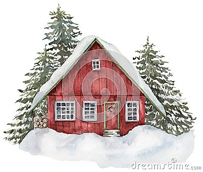 Watercolor red house in winter forest. Hand painted Christmas illustration with fir trees and snow isolated on white Cartoon Illustration