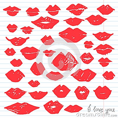 Watercolor red lips collection Vector Illustration