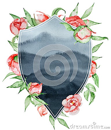 Watercolor crest Romantic frame with flowers Card template. Watercolor peonies with leaves on the grey background Stock Photo