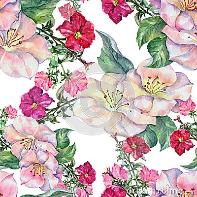 Watercolor red petunia with spring flowers. Seamless pattern on a white background. Cartoon Illustration