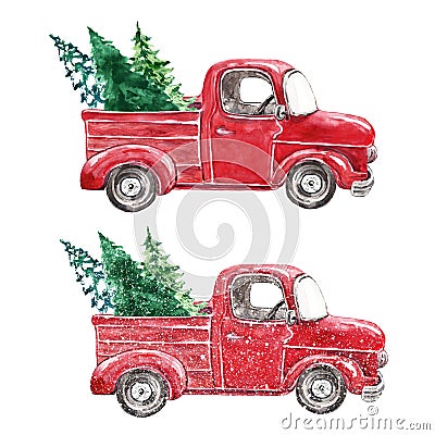Watercolor red pickup truck and forest pine trees, isolated on white background.Winter Christmas vintage car illustration. Cartoon Illustration