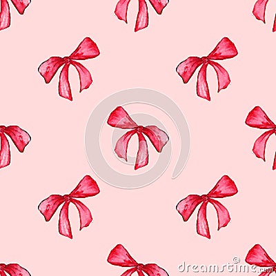 Watercolor red pink bow tape ribbon gift seamless pattern background Stock Photo