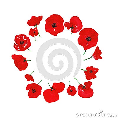 Watercolor red poppies flower wreath, isolated on white background Stock Photo
