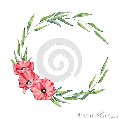 Watercolor red poppies wreath, Meadow frame, hand drawn floral illustration, red wildflowers Cartoon Illustration