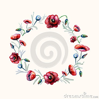 Watercolor red poppies wreath Vector Illustration