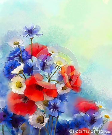 Watercolor red poppy flowers, blue cornflower and white daisy painting Stock Photo