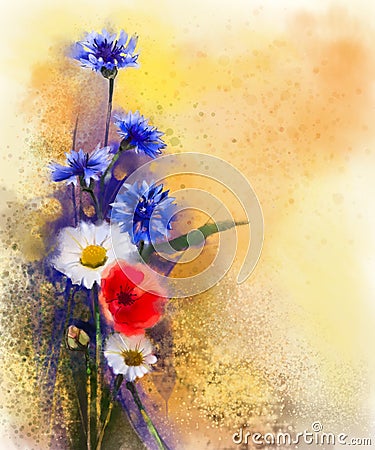 Watercolor red poppy flowers, blue cornflower and white daisy painting Stock Photo