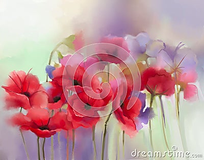 Watercolor red poppy flowers painting Stock Photo