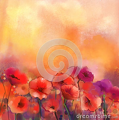 Watercolor red poppy flowers painting Stock Photo