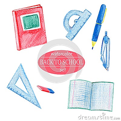 Watercolor red school supplies Stock Photo