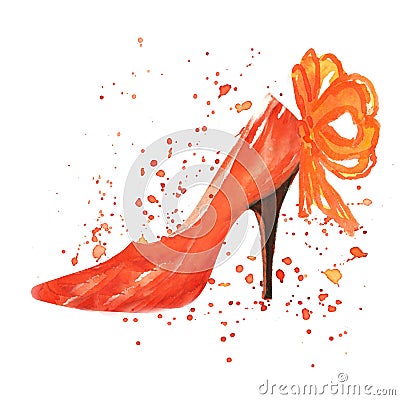 Watercolor red shoe with red bow Stock Photo