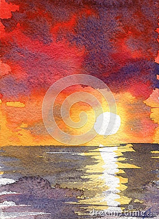 Watercolor red sunset dawn sun rays gentle color juicy texture illustration landscape reflection shining clouds sky Cartoon Illustration