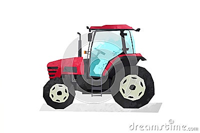 Watercolor red tractor. Cartoon print for kids room. Boys bedroom decor. Isolated industrial machine Stock Photo