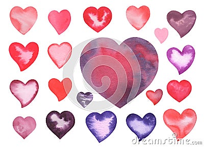 Watercolor Red and Violet Love Valentine`s day Hearts Stock Photo