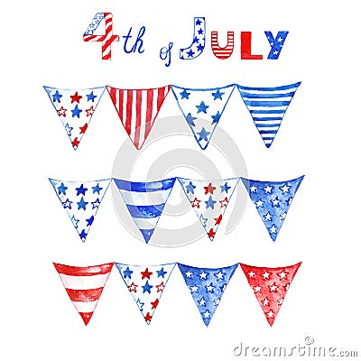 Watercolor red, white, and blue patriotic flag bunting,for the 4th of July, memorial and Independence day. Patriotic flags garland Stock Photo