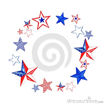 Watercolor red, white and blue stars frame. Colors of US flag. Holiday 4th of July banner, isolated Cartoon Illustration