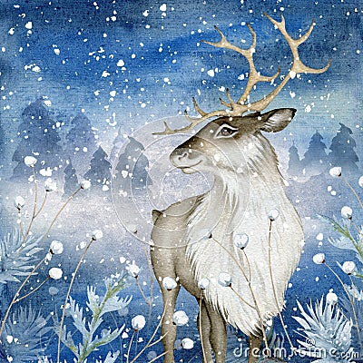 Watercolor Reindeer on Magic Winter Background Cartoon Illustration