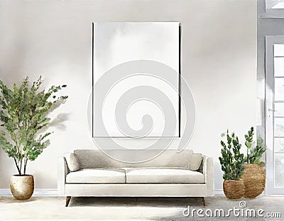 Watercolor of rendered blank poster on hip living room Stock Photo