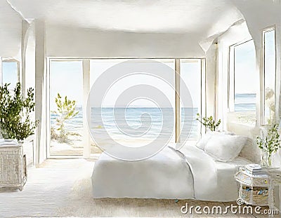 Watercolor of rendered white coastal bedroom with cozy Stock Photo