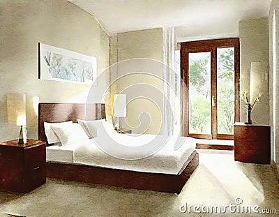 Watercolor of A rendering of a bedroom interior with Stock Photo