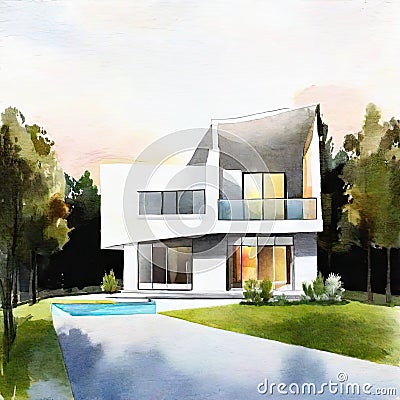 Watercolor of Rendering of contemporary house with pool and parking for sale or Stock Photo