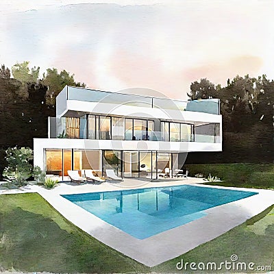 Watercolor of Rendering of contemporary house with pool and parking for sale or Stock Photo