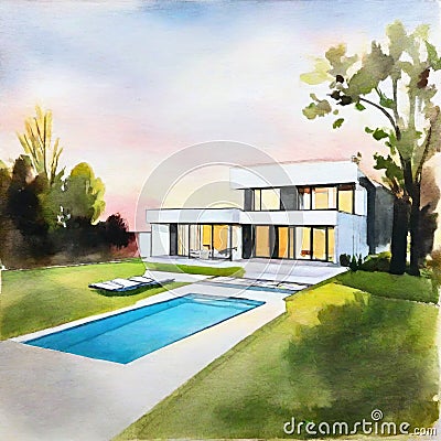 Watercolor of Rendering of contemporary house with pool and parking for sale or Stock Photo