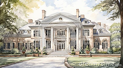 A watercolor rendering of a large mansion, AI Stock Photo