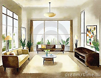 Watercolor of A rendering of a living room in a Stock Photo