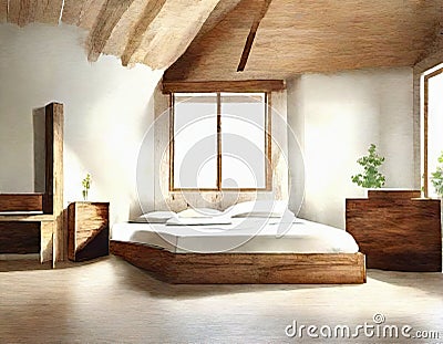 Watercolor of rendering of wooden bedroom in loft apartment with frame Stock Photo