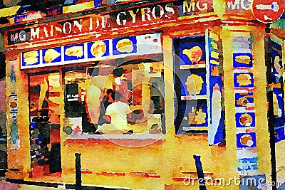 Watercolor representing a fast food in the historic center Editorial Stock Photo