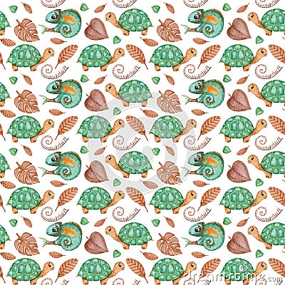 Watercolor reptiles seamless pattern, Tropical pattern, jungle animals repeating background, cute turtle, chameleon, nursery Stock Photo