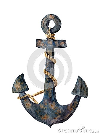 Watercolor retro anchor with rope. Illustration isolated on white background. For design, prints or background Stock Photo