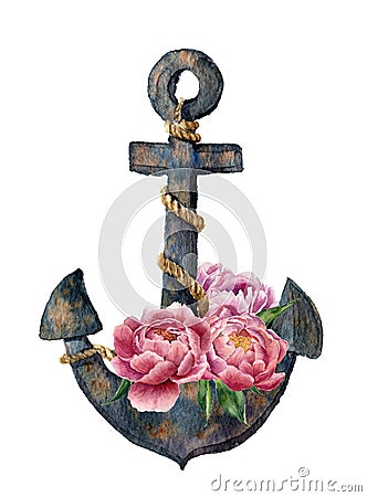 Watercolor retro anchor with rope and peony flowers. Cartoon Illustration