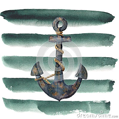 Watercolor retro anchor with rope on striped background. Vintage illustration isolated on white background. For design, prints or Cartoon Illustration