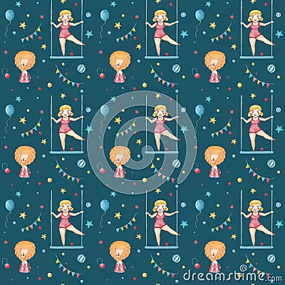 Watercolor retro Circus seamless pattern. Hand drawn vintage background with carnival objects: air balloons, clown, rabbit in the Stock Photo