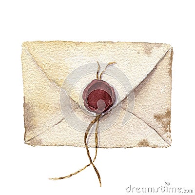 Watercolor retro envelope with sealing wax. Vintage mail icon isolated on white background. Hand painted design element Stock Photo