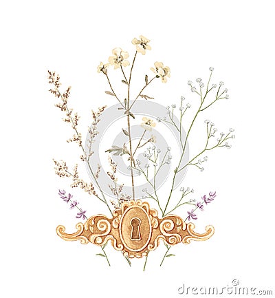 Watercolor retro golden keyhole with meadow dried flowers Cartoon Illustration