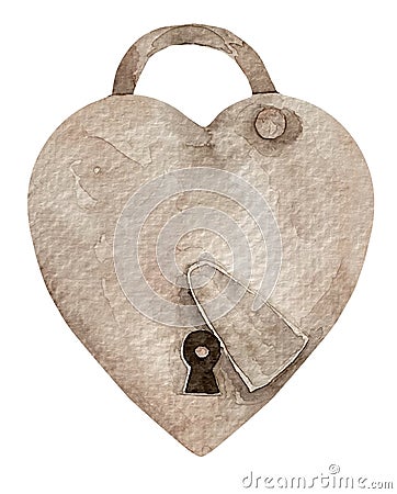 Watercolor retro metal lock. Antiques bronze padlock isolated on white Cartoon Illustration