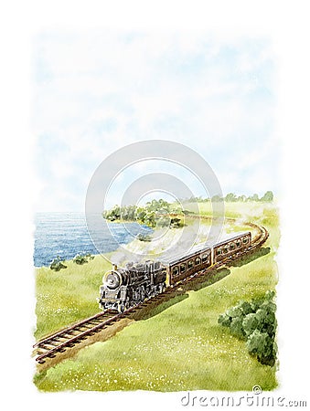 Watercolor retro train on railroad track rides through green summer meadow next to river Cartoon Illustration